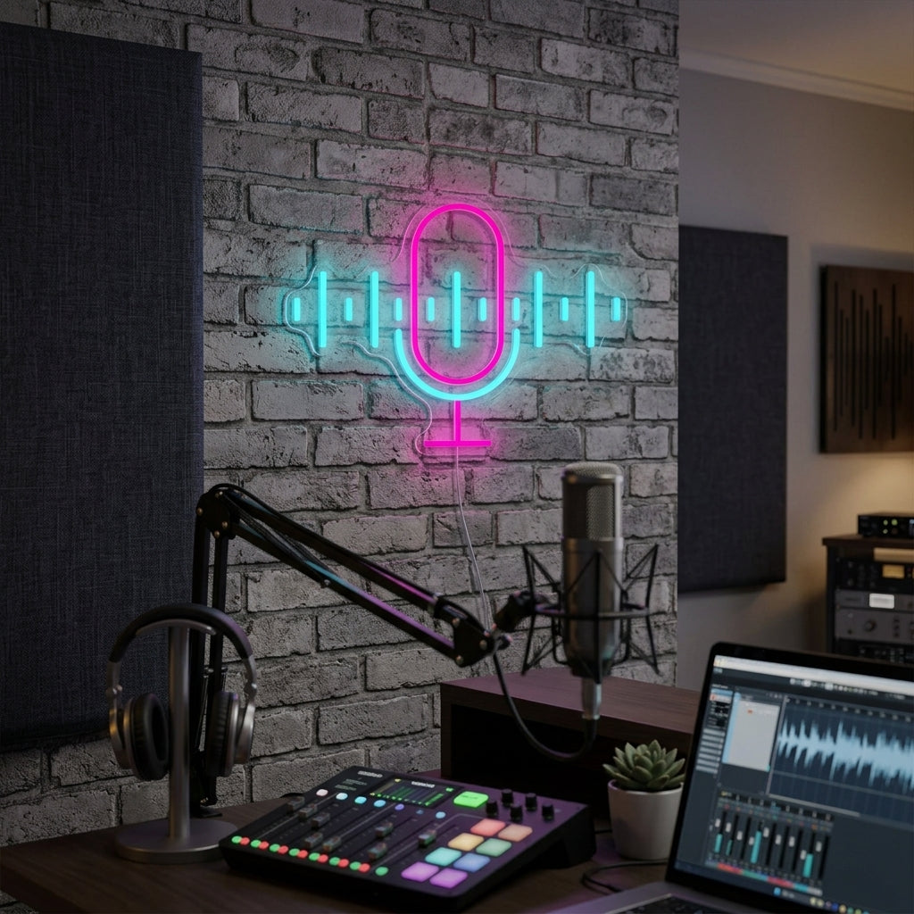 Handcrafted neon sign displaying the word 'Podcast' in a vibrant, glowing font, creating an inviting atmosphere in a cozy home studio setting.