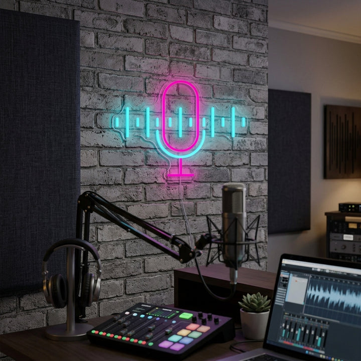 Handcrafted neon sign displaying the word 'Podcast' in a vibrant, glowing font, creating an inviting atmosphere in a cozy home studio setting.
