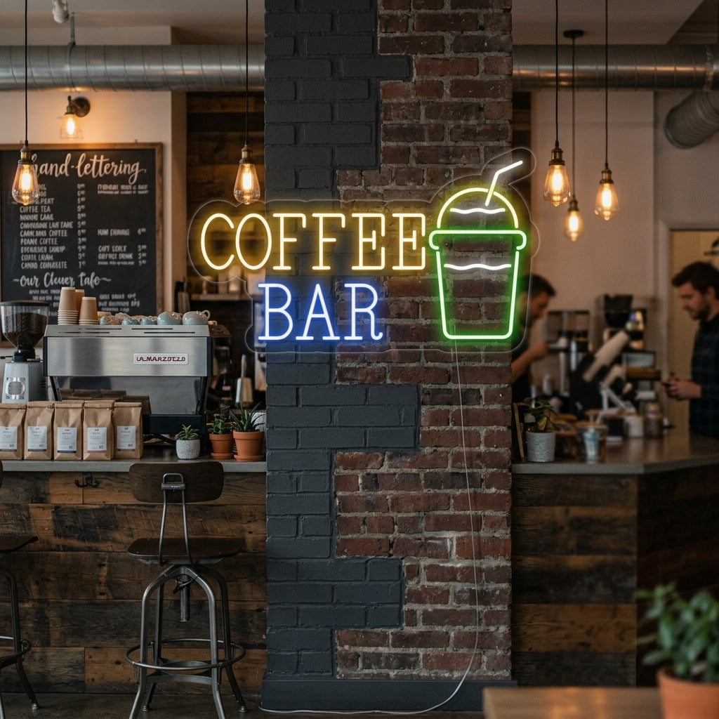 Illuminated 'Coffee Bar with Coffee Cup' neon sign displayed on a rustic brick wall in a cozy cafe setting, highlighting the warm glow and modern design.