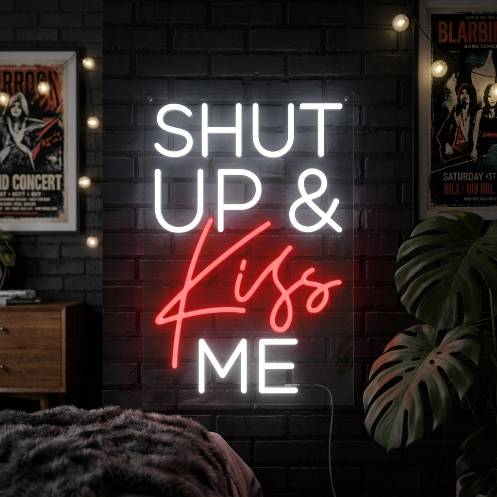 Shut Up Kiss Me quote neon sign glowing in a modern bedroom setting above a bed