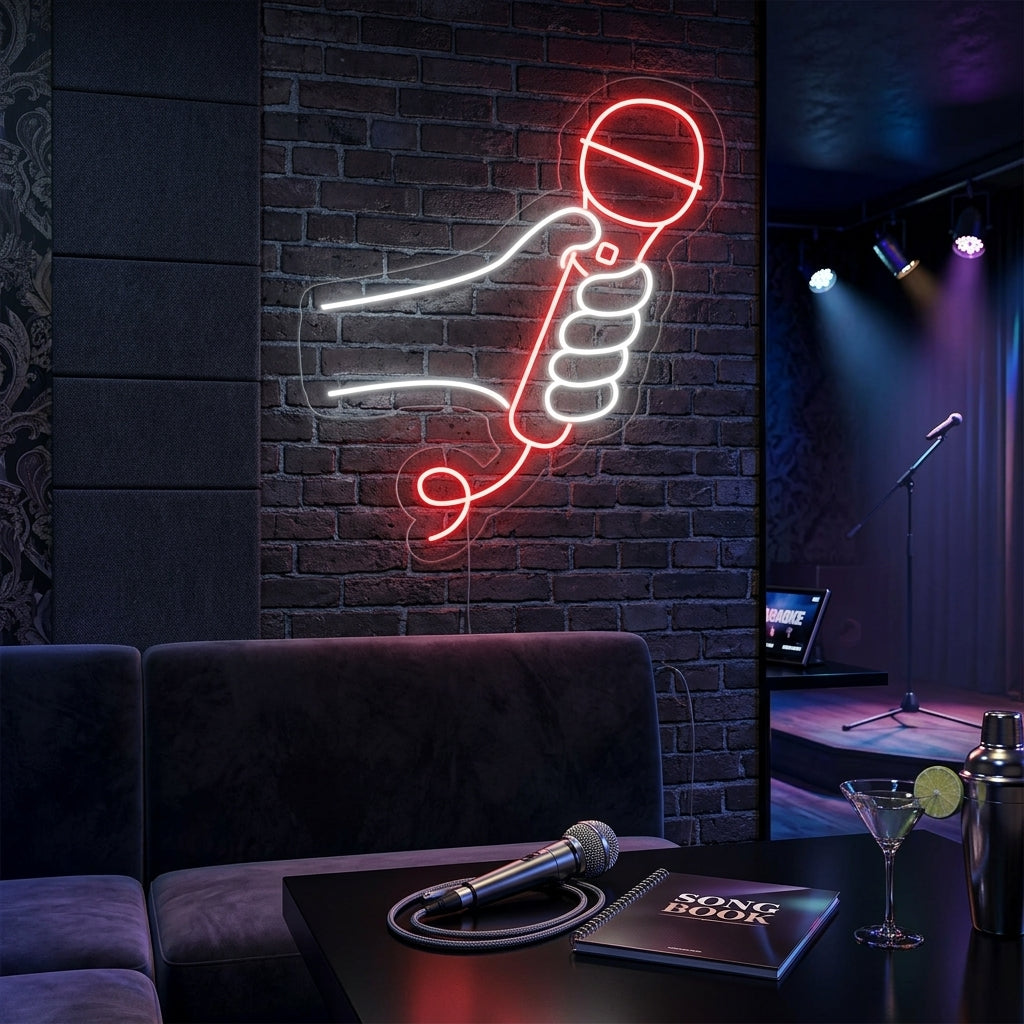 A vibrant 'Microphone Karaoke' neon sign glowing brightly on a textured brick wall in a bustling, lively entertainment venue or bar setting.