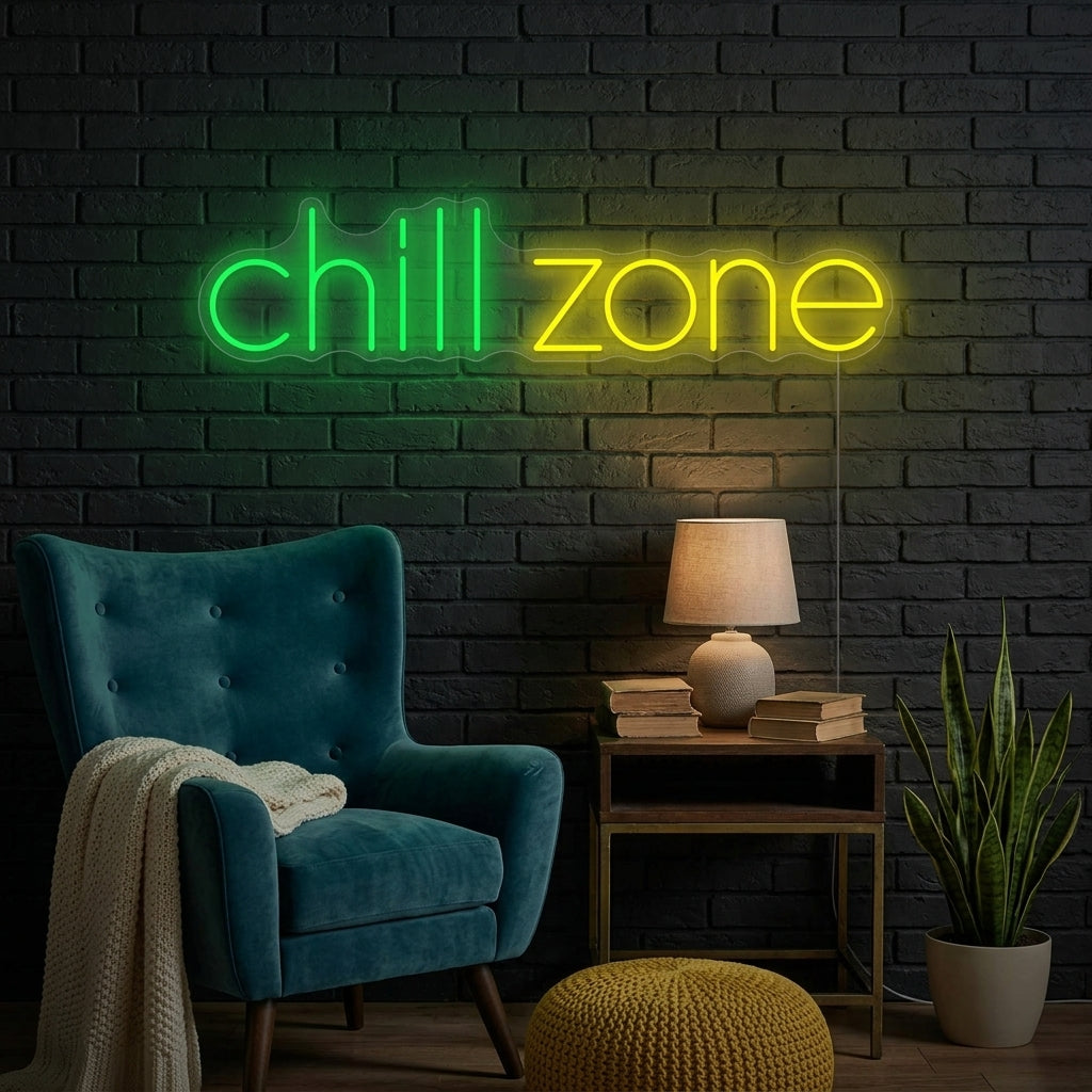 "Chill Zone" illuminated neon sign glowing in a stylish, modern living room setting.