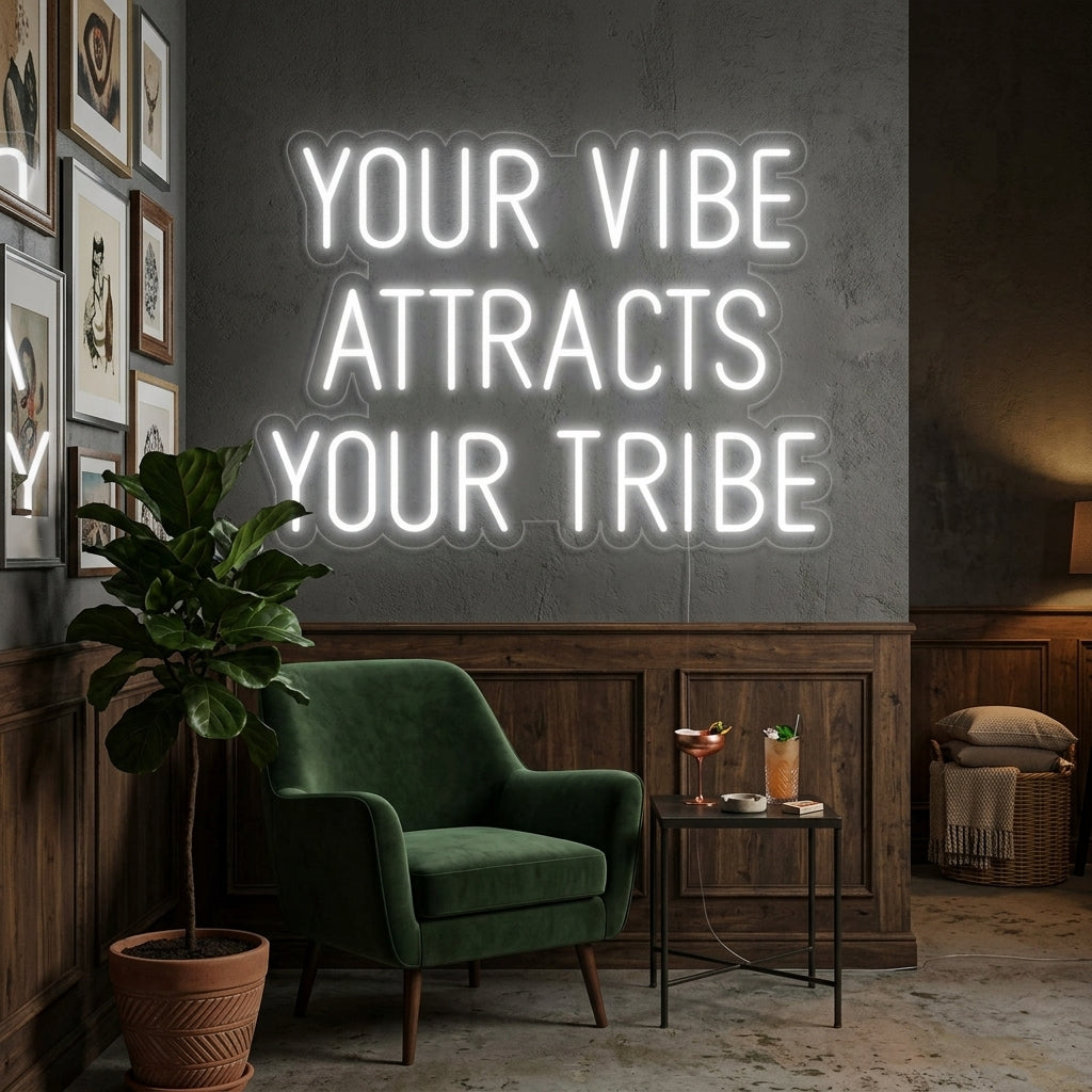 'Your Vibe Attracts Your Tribe' neon sign illuminated, adding ambiance at a wedding reception or home.