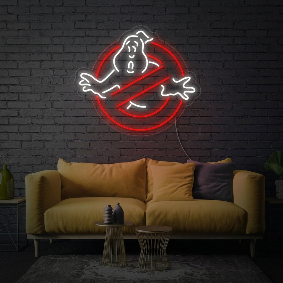 A vibrant Ghostbusters Ghosts neon sign glowing brightly, showing the iconic cartoon ghosts from the movie franchise.