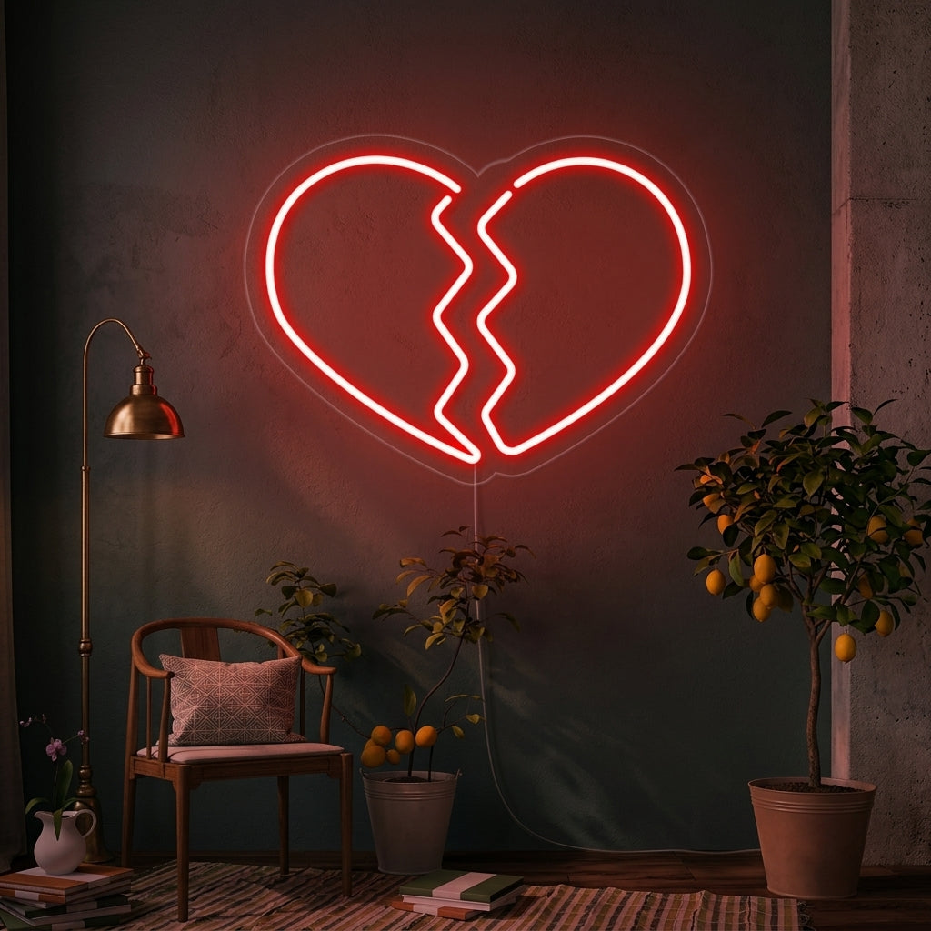 A glowing red 'Heart Broken' neon sign featuring a heart shape with a jagged crack down the middle, mounted on a dark brick wall above a cozy seating area in a moody room, showing realistic tube lighting and acrylic backing.