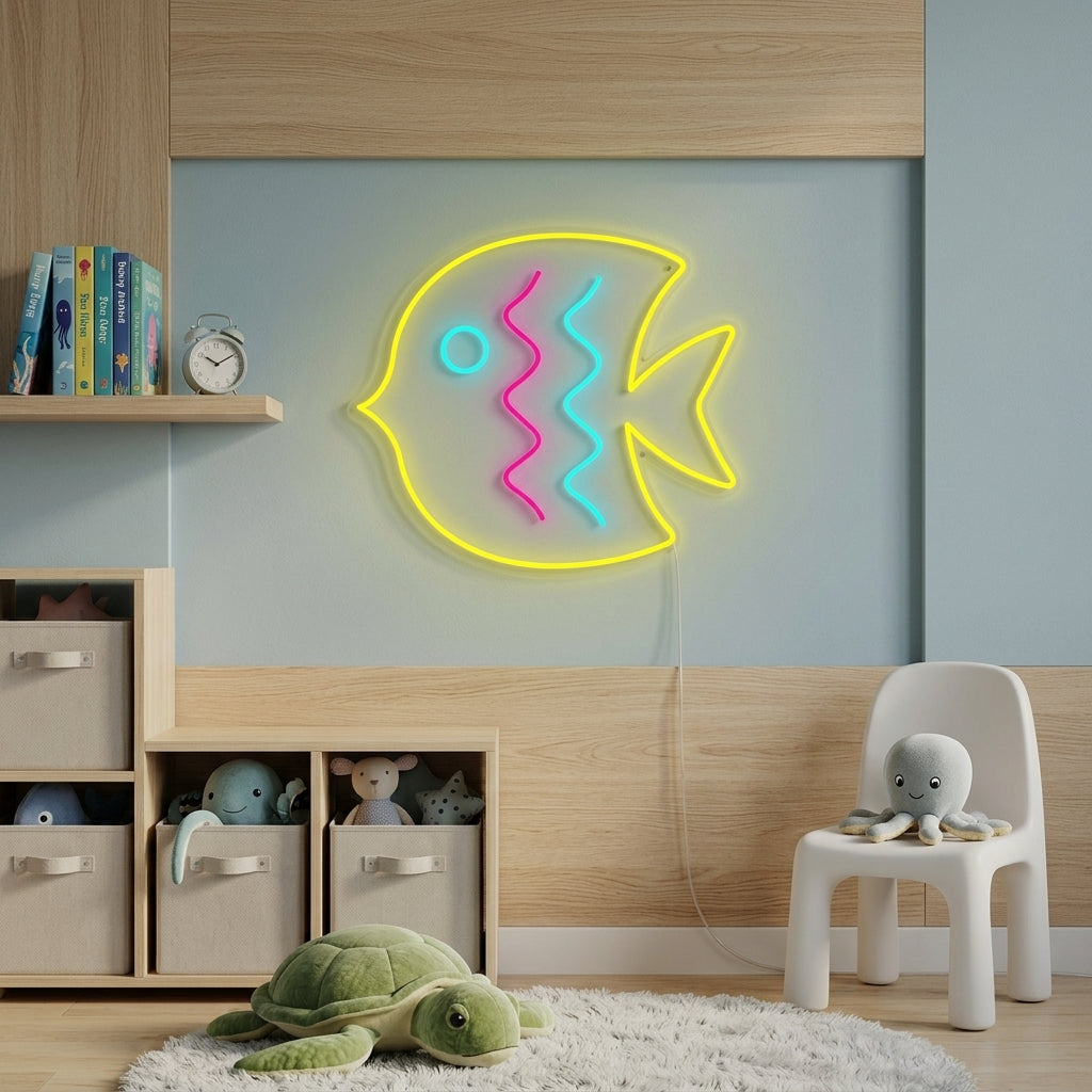 A vibrant glowing tropical fish neon sign mounted on a textured wall in a kid's bedroom, showing its practical application as decor.