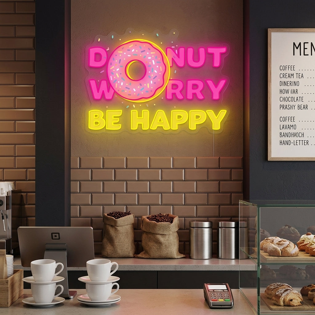A cozy kitchen setting with the glowing 'Donut Do Not Worry Be Happy' neon sign mounted above a counter with pastries.