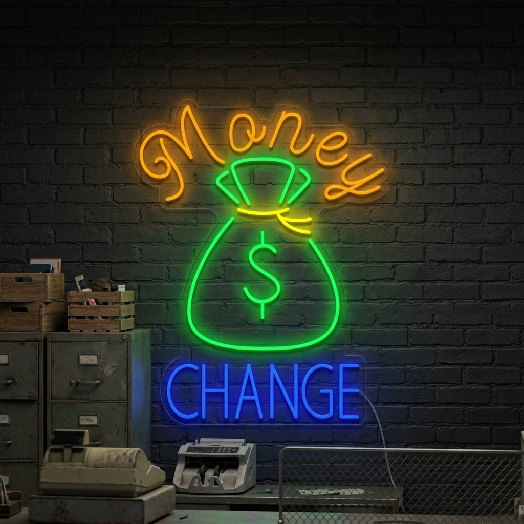 A glowing 'Money Change' neon sign featuring a dollar sign integrated with a 'C', displayed prominently in a modern office environment.