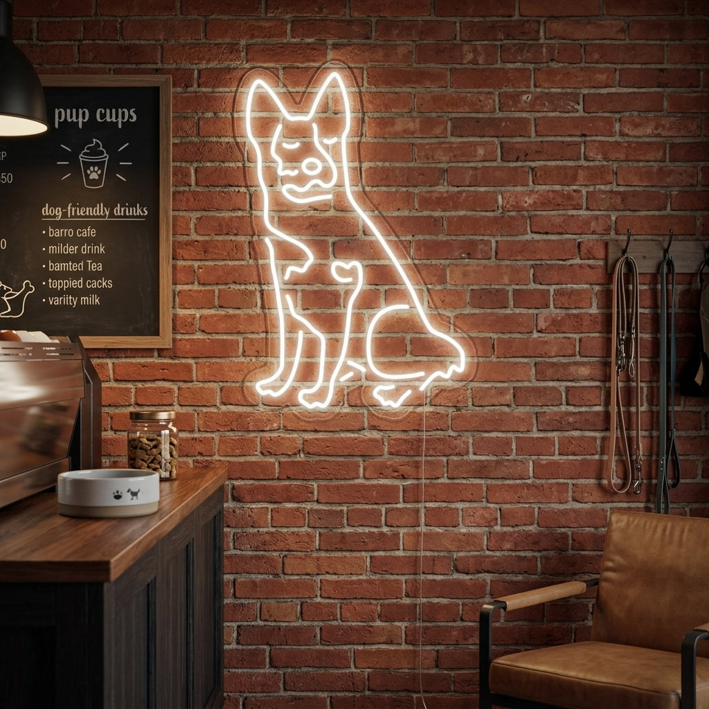 A 'Drovers Dog' neon sign glowing on a brick wall in a rustic, atmospheric home bar, featuring the silhouette of an Australian cattle dog within an illuminated circle.