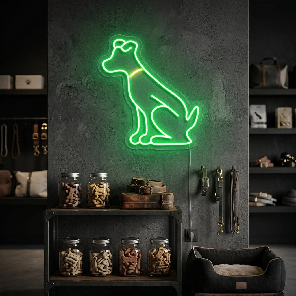 A hand holding a controller-shaped neon sign with a glowing 'Green Dog' text graphic against a modern desk setup.