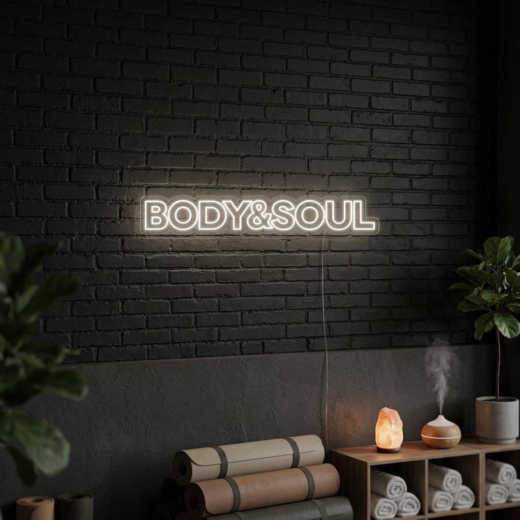 The 'Body and Soul' motivational quote neon sign glowing on a dark wall in a modern home gym setting near fitness equipment.