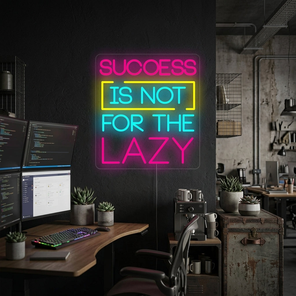 Success Is Not For The Lazy neon sign glowing warmly above a modern desk in a well-lit home office, surrounded by plants and books.