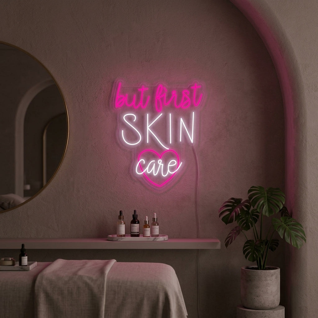 A glowing pink 'But First Skin Care' neon sign displayed on a white textured wall in a modern beauty setup, positioned above a vanity with skincare products and a mirror.
