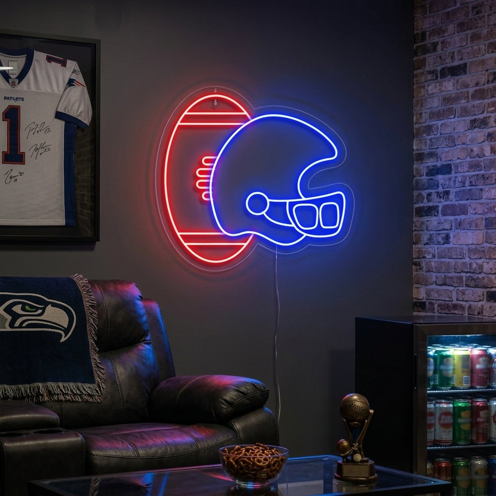 A detailed blue and white neon wall sign shaped like a Cowboy Football Helmet, glowing warmly in a cozy, modern living room setting.