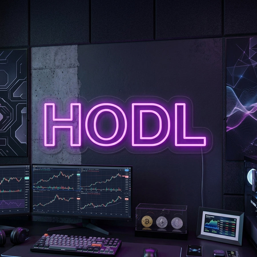 Vibrant blue HODL crypto neon sign glowing above a modern desk setup with multiple monitors showing financial charts and a Bitcoin logo.