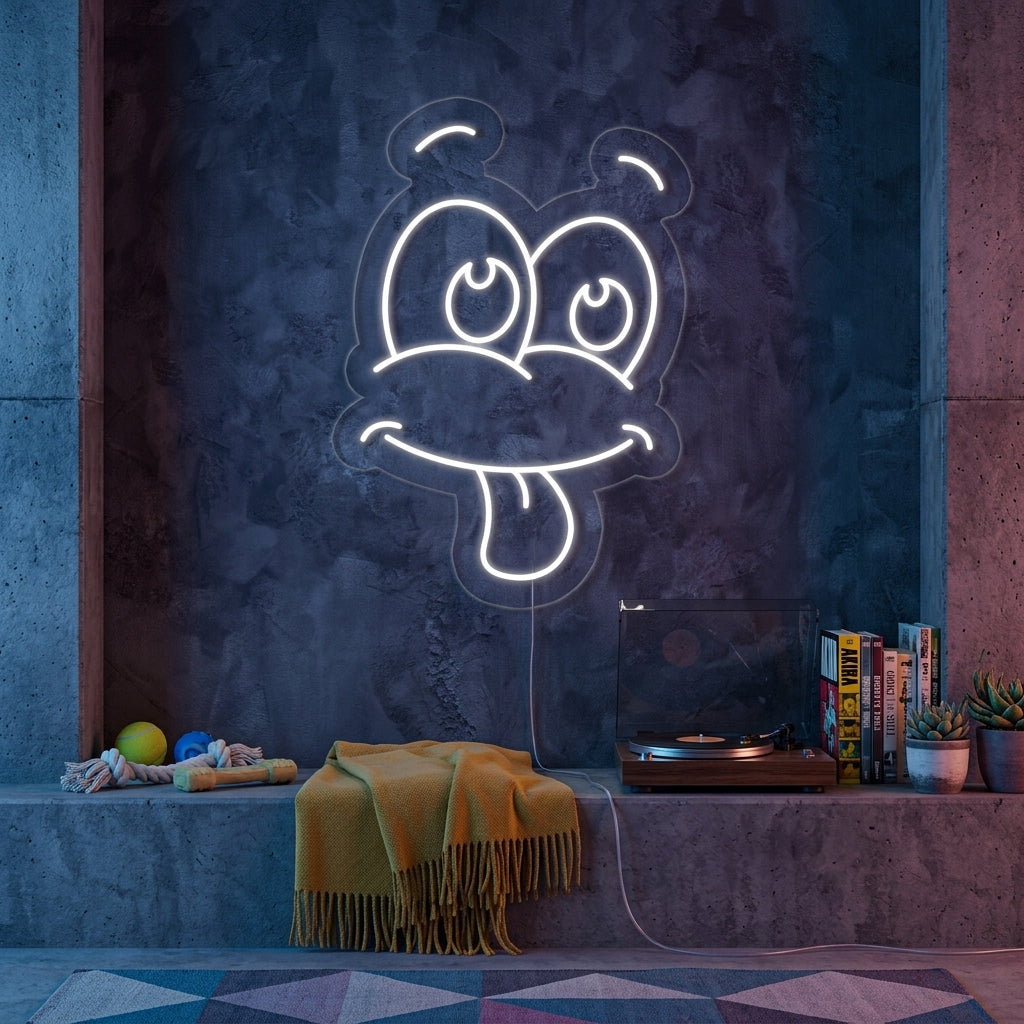 A vibrant 'Silly Dog' neon sign with a cartoon dog silhouette glows orange and green in a cozy room setting.