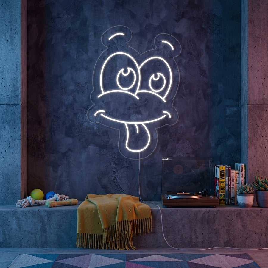 A vibrant 'Silly Dog' neon sign with a cartoon dog silhouette glows orange and green in a cozy room setting.