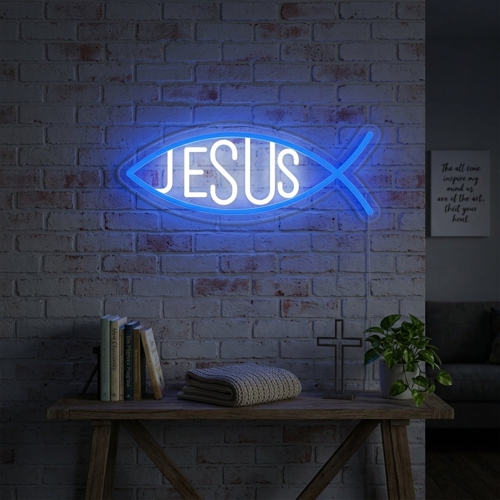 Handcrafted glowing Christian Jesus Fish neon sign mounted on a textured brick wall in a cozy living room setting.