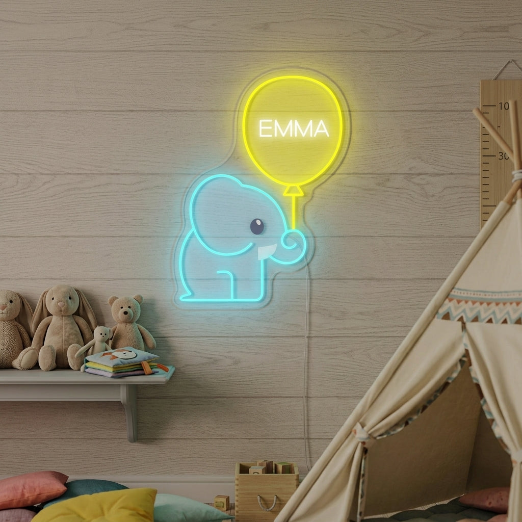Customizable neon sign featuring a charming blue elephant holding a pink balloon, glowing warmly above a toy shelf in a kids' room.