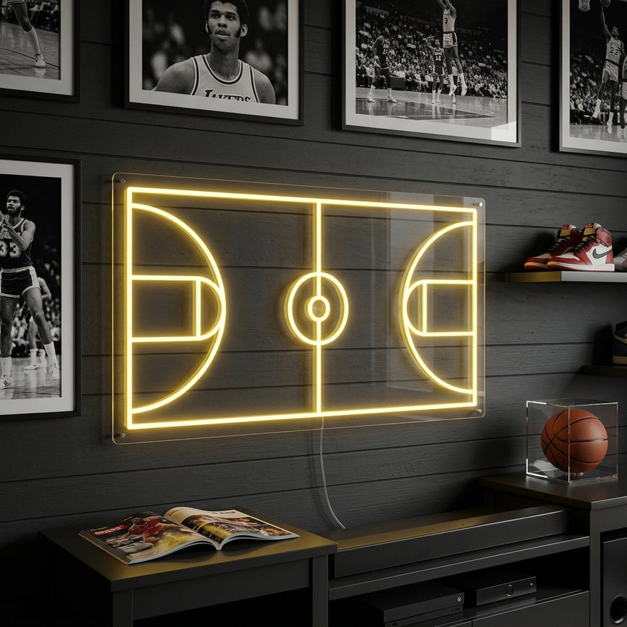 A basketball court neon sign glowing in a sports-themed room
