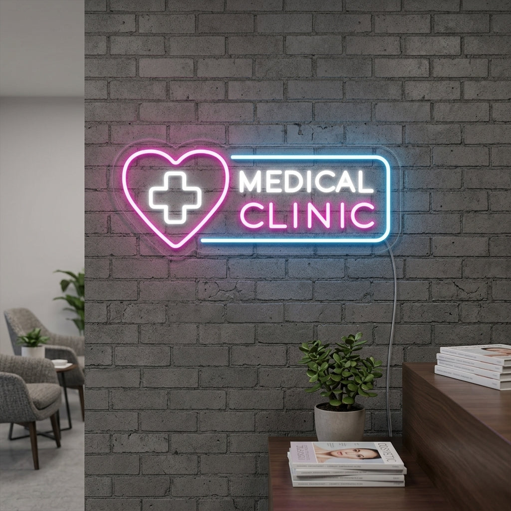 Glowing white and blue Medical Clinic neon sign mounted on a clean white wall in a modern office waiting area.