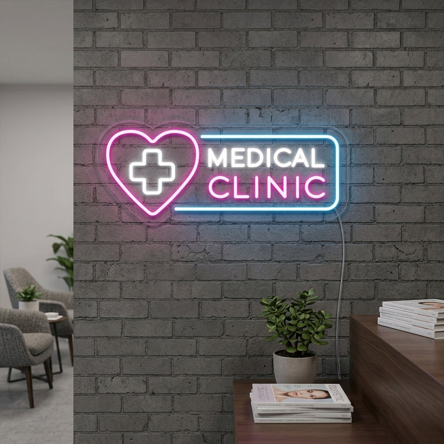 Glowing white and blue Medical Clinic neon sign mounted on a clean white wall in a modern office waiting area.