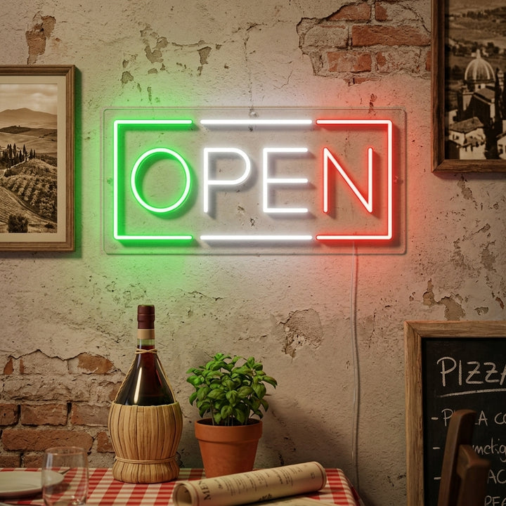 A glowing blue 'ITALIAN RESTAURANT' neon sign with red 'OPEN' script above, hanging in a dimly lit restaurant window.