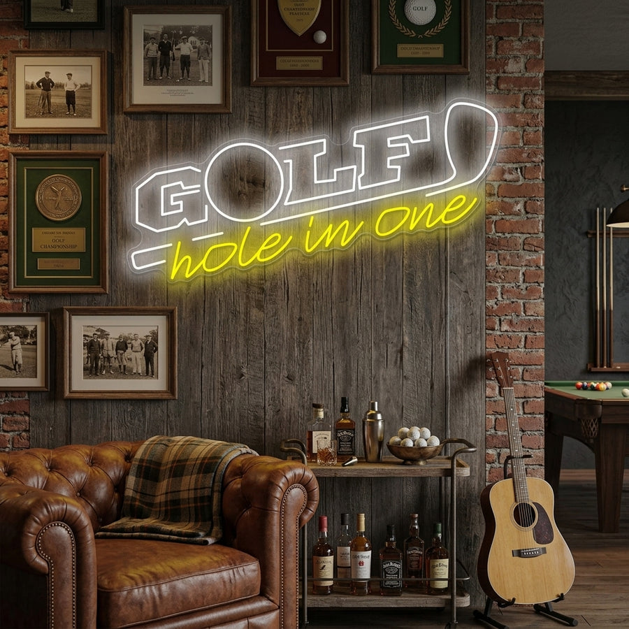 A glowing 'Golf Hole In One' neon sign hangs above a shelf in a well-appointed golf-themed man cave, surrounded by golf clubs and memorabilia.