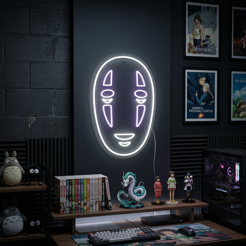 A glowing 'No Face' neon sign mounted on a dark textured wall in a modern living space.