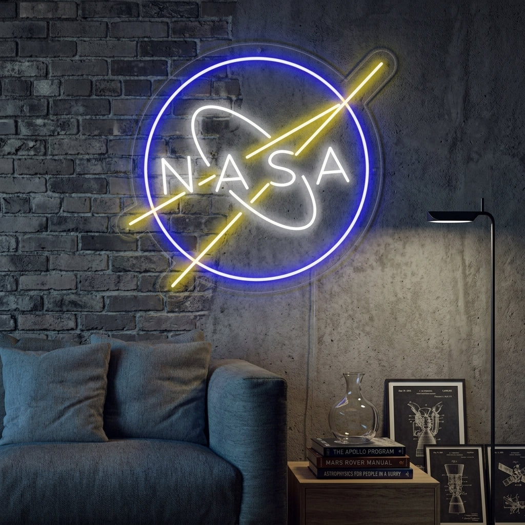 Illuminated circular NASA logo neon sign with blue text and star details, hanging above a couch and side table in a modern living room