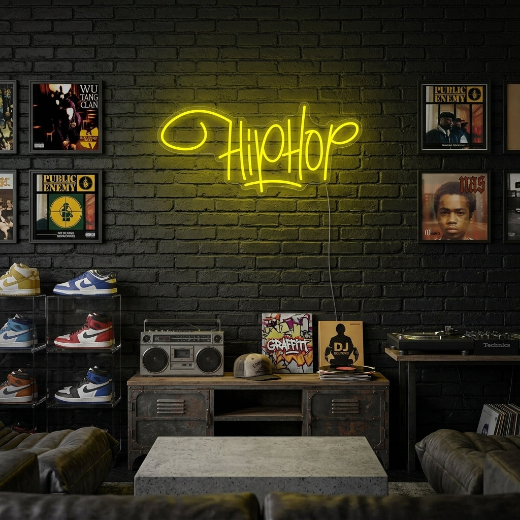 A glowing 'Hip Hop Rap Music' neon sign displayed on a dark brick wall in a lifestyle setting, illuminating a record player and urban decor.