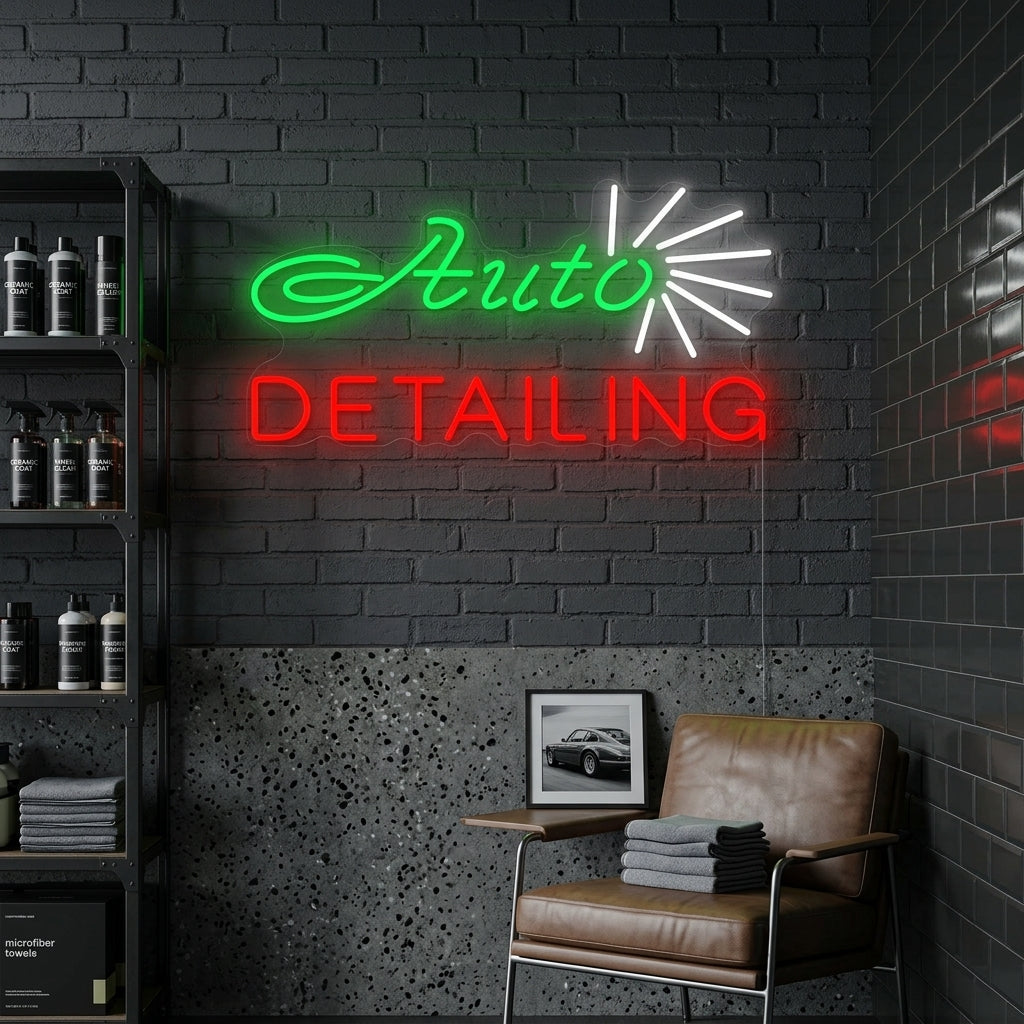 Illuminated 'Auto Detailing Shop' neon sign with text details 'WASH WAX VACUUM' hanging in a professional garage setting above a polished black car.