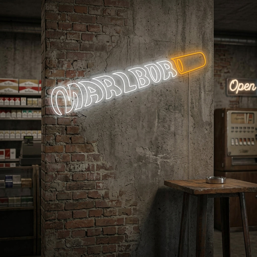 A glowing Marlbor Cigarette neon sign displayed on a textured wall in a dimly lit home bar setting.