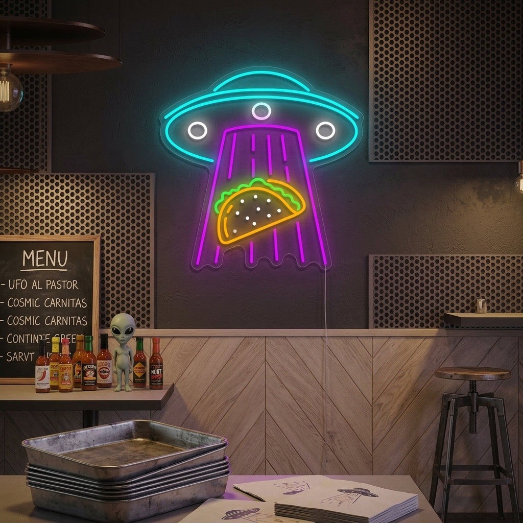 UFO Abducting Tacos neon sign glowing brightly on a wall in a casual restaurant setting