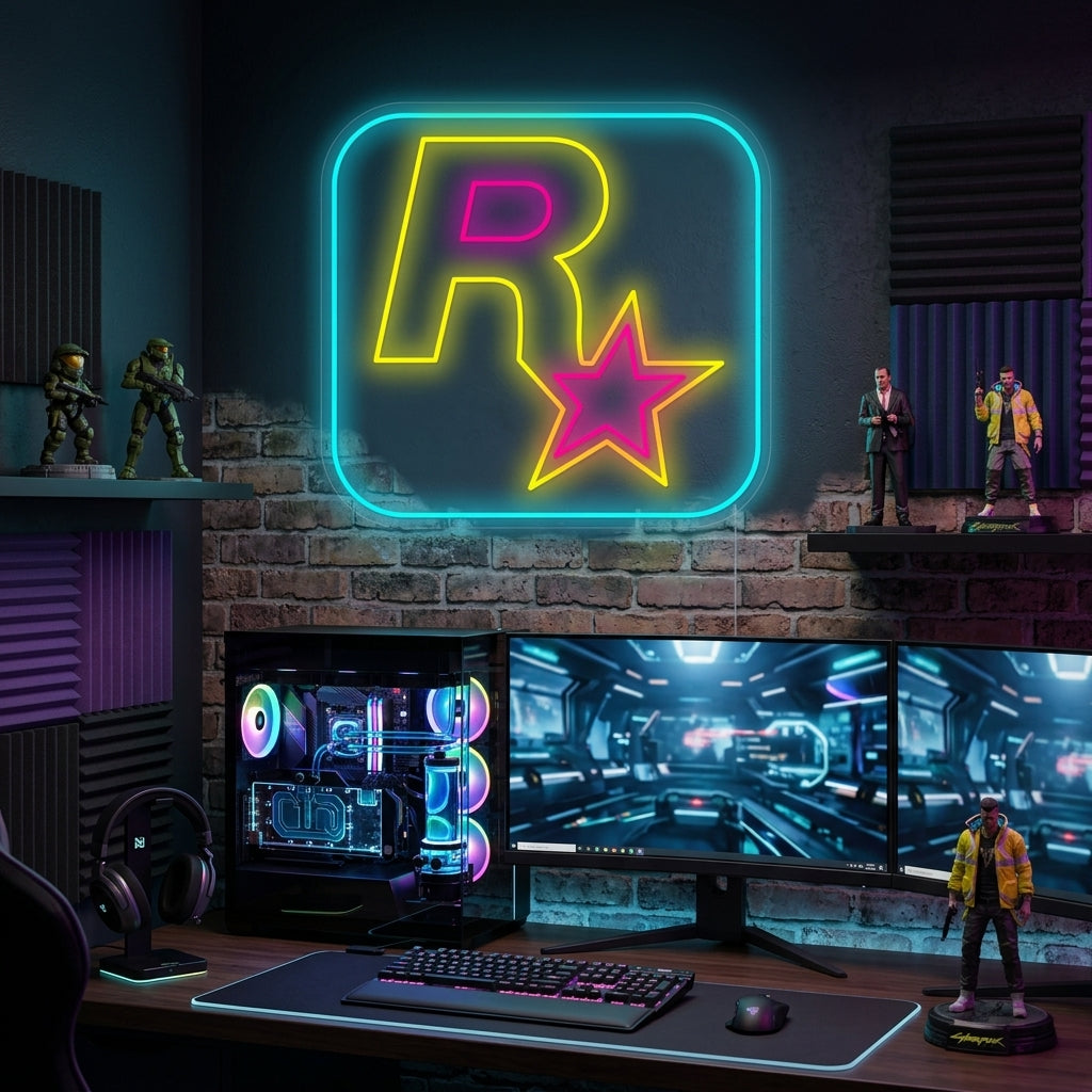 A glowing yellow Rockstar Games R* logo neon sign mounted on a textured brick wall in a rustic game room setting.