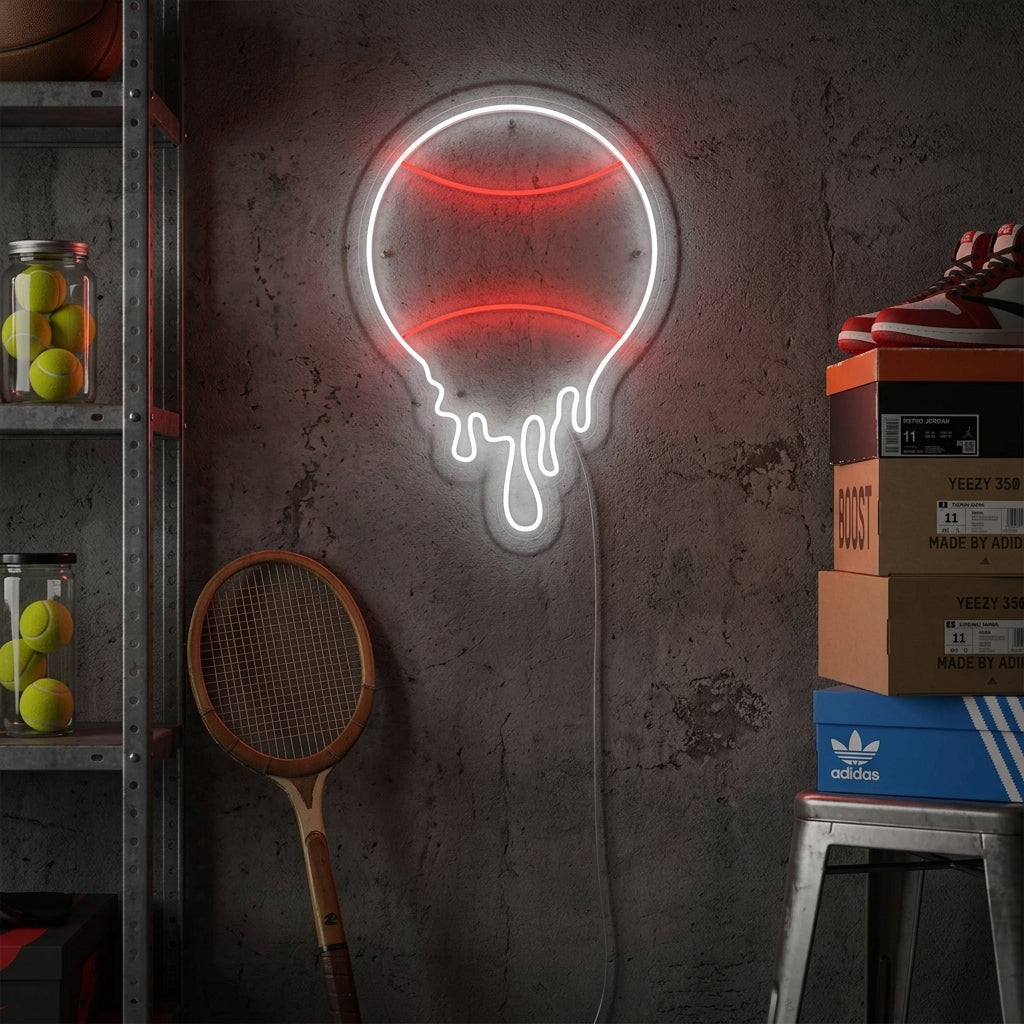 A lifestyle shot of the dripping tennis ball neon sign glowing green and yellow above a modern desk with sports equipment.