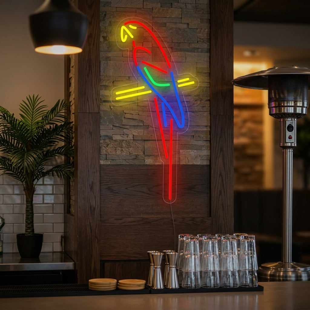 A vibrant Parrot Bar Pub neon sign glowing colorfully on a wall, showcasing the bird design and text in an attractive lifestyle setting.