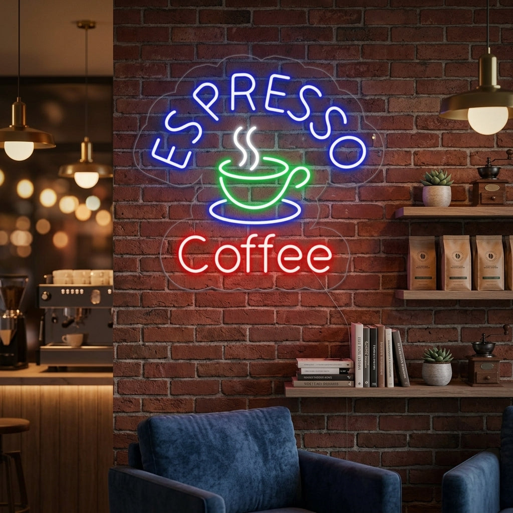 A vibrant 'Espresso Coffee' neon sign mounted on a textured brick wall above a cozy coffee shop counter setting with brewing equipment.