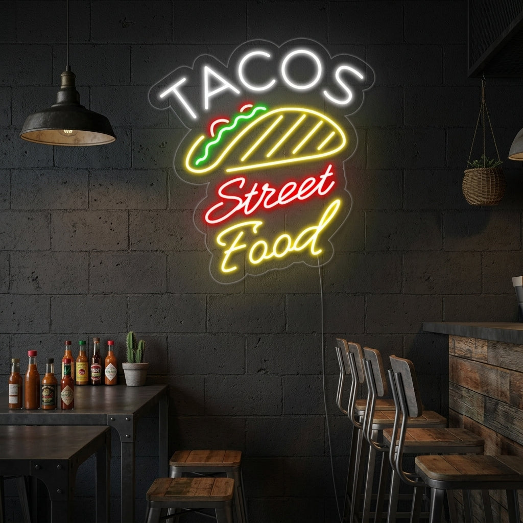 A vibrant 'Tacos' neon sign with a taco graphic glowing in a lively Mexican restaurant dining area.
