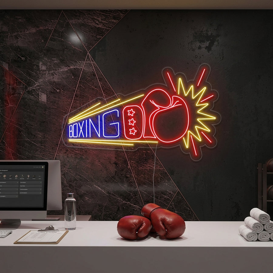 A vibrant 'Boxing Gloves Fighting' neon sign glowing red on a textured black brick wall above a workbench with leather gear.