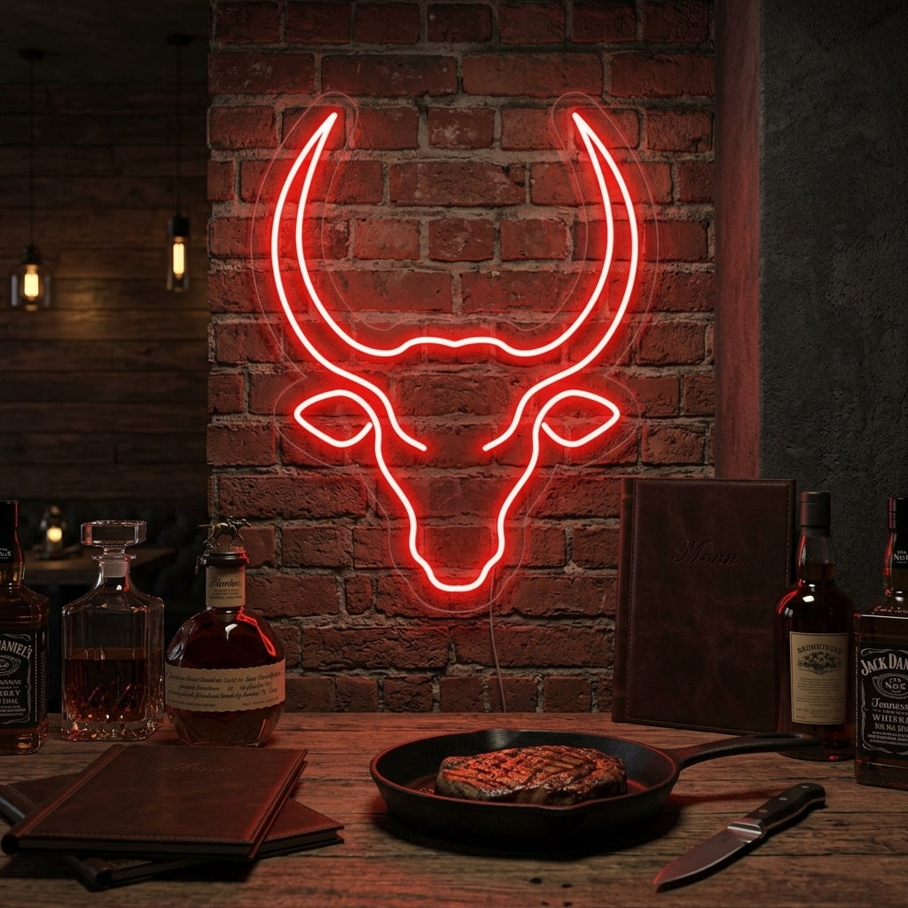 A lifestyle shot of a lit white bull skull neon sign hanging above a wooden shelf in a rustic living room, creating a western ambiance.