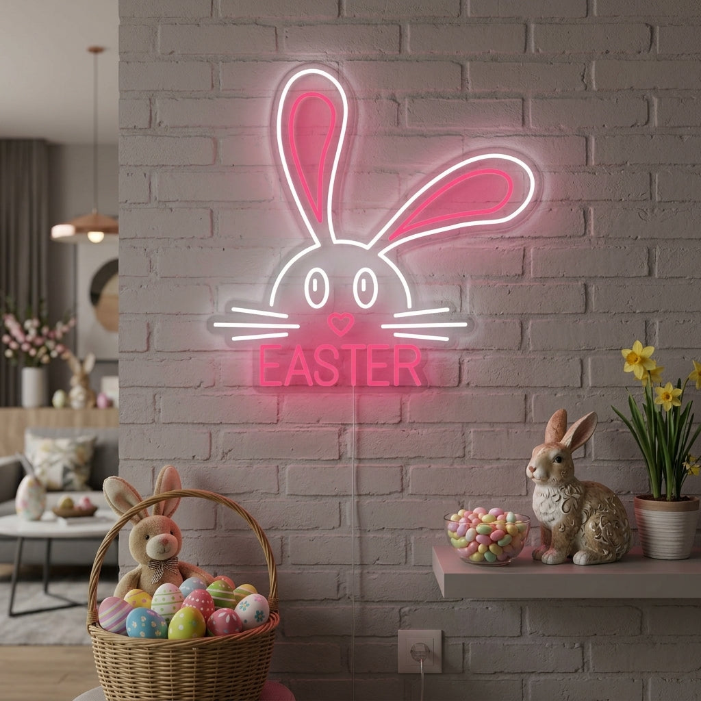 Easter Bunny Rabbit Animal neon sign displayed on a textured wall in a bright, modern living room.