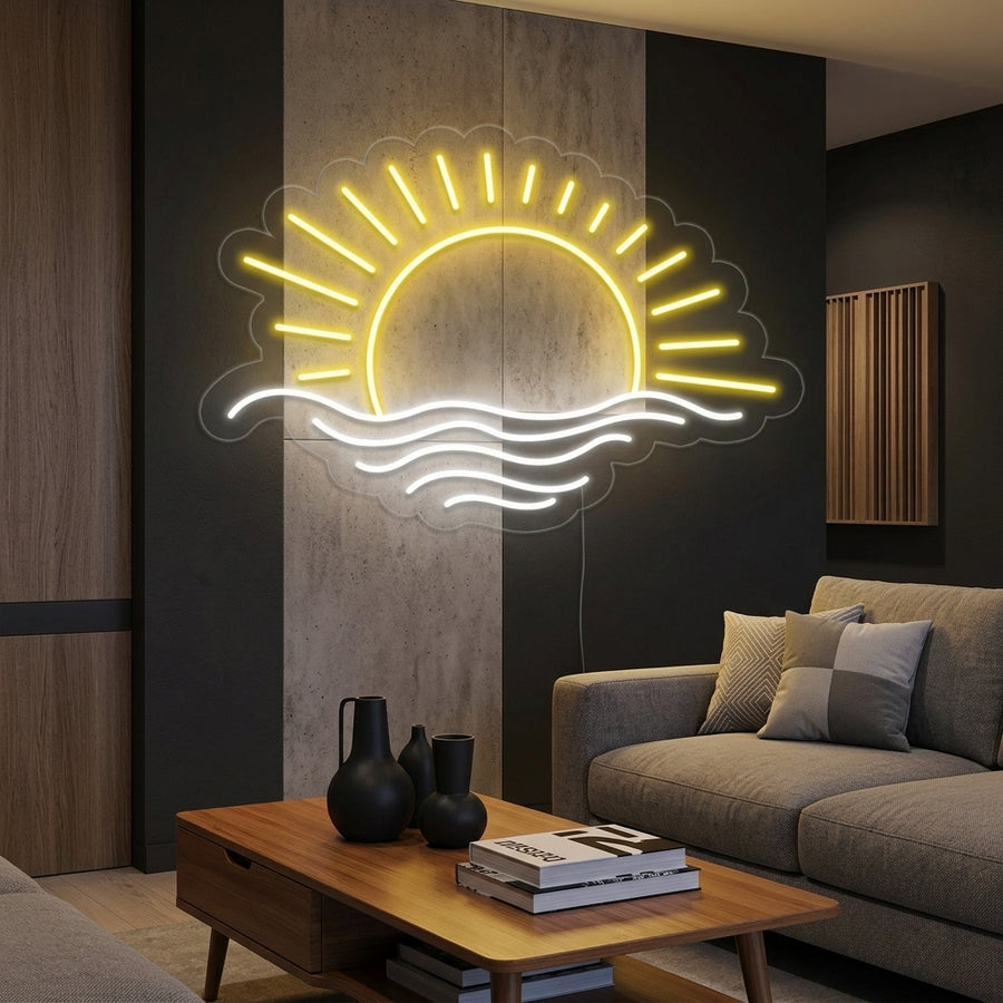 A lifestyle photo showing the illuminated Sunset Sea neon sign mounted on a textured wall, glowing with orange and white light above a wooden shelf with beach-themed decor.