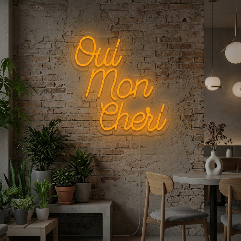 Oui Mon Cheri French Oh Sweety neon sign glowing above a bed in a stylish bedroom