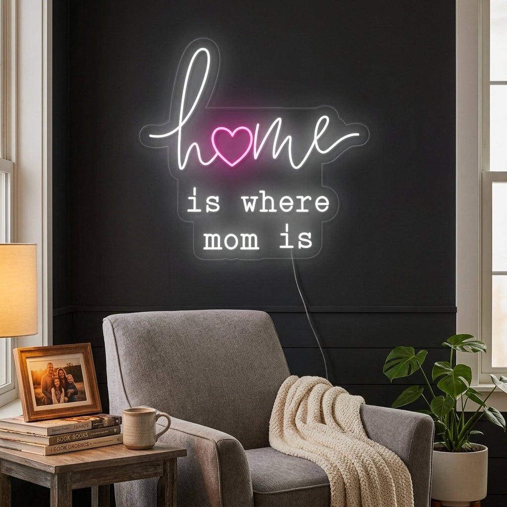 A lifestyle photo of a lit 'Home Is Where Mom Is' neon sign mounted on a textured wall in a cozy living room setting.