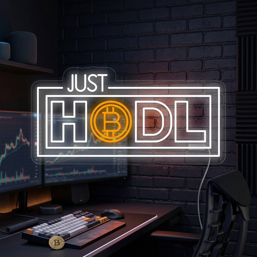 A "Just Hodl Crypto" neon sign glowing brightly on a textured wall in a modern room, creating a vibrant atmosphere.