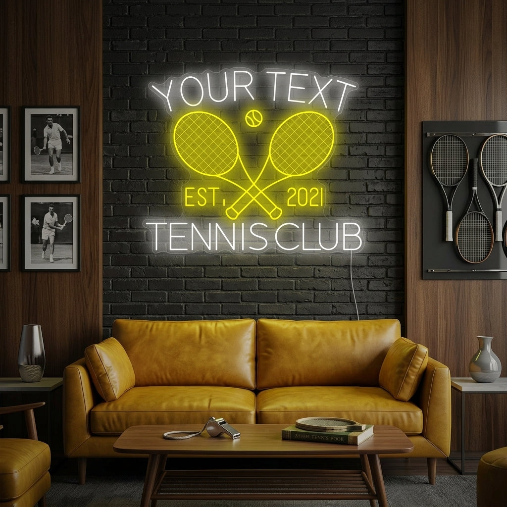A lifestyle photo showing a custom text neon sign glowing brightly on a brick wall within a tennis clubhouse or bar setting.