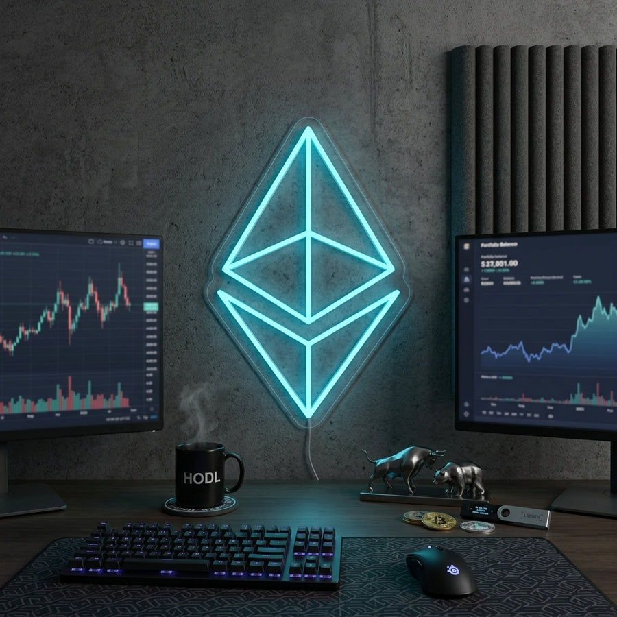Glowing Ethereum ETH logo neon sign mounted on a dark brick wall in a modern room