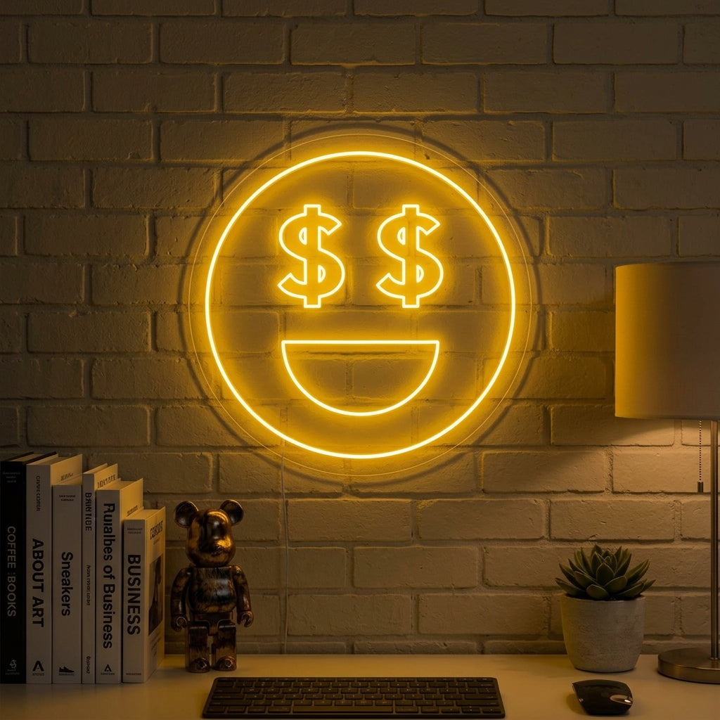 A 'Money Eyes' neon sign featuring glowing eyes and dollar signs displayed above a cozy reading nook on a textured wall.