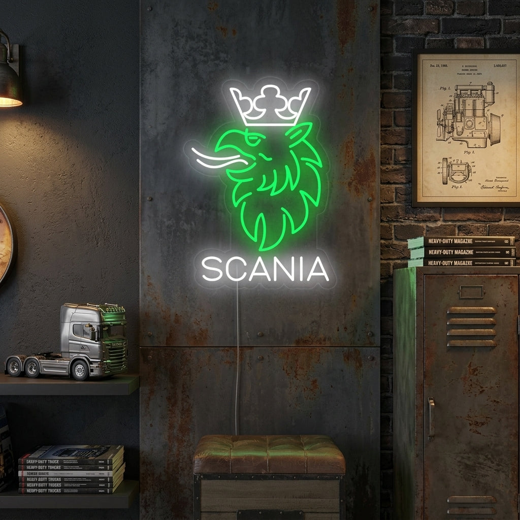 Eagle Crown Car Logo neon sign in a rustic garage setting